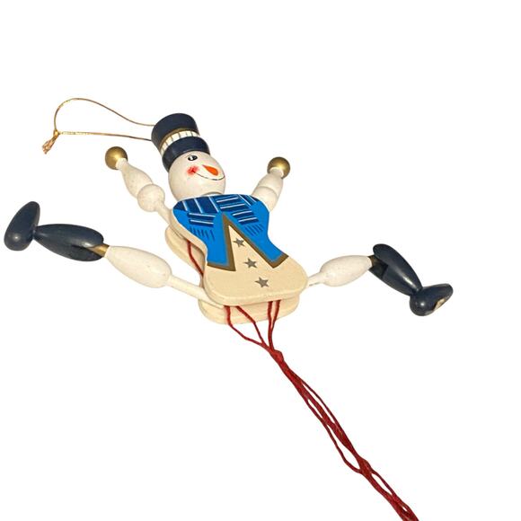 Vintage Pull Toy Christmas 7 1/2" Tall Moving Arms Legs Snowman Wooden Ornament - Picture 2 of 9